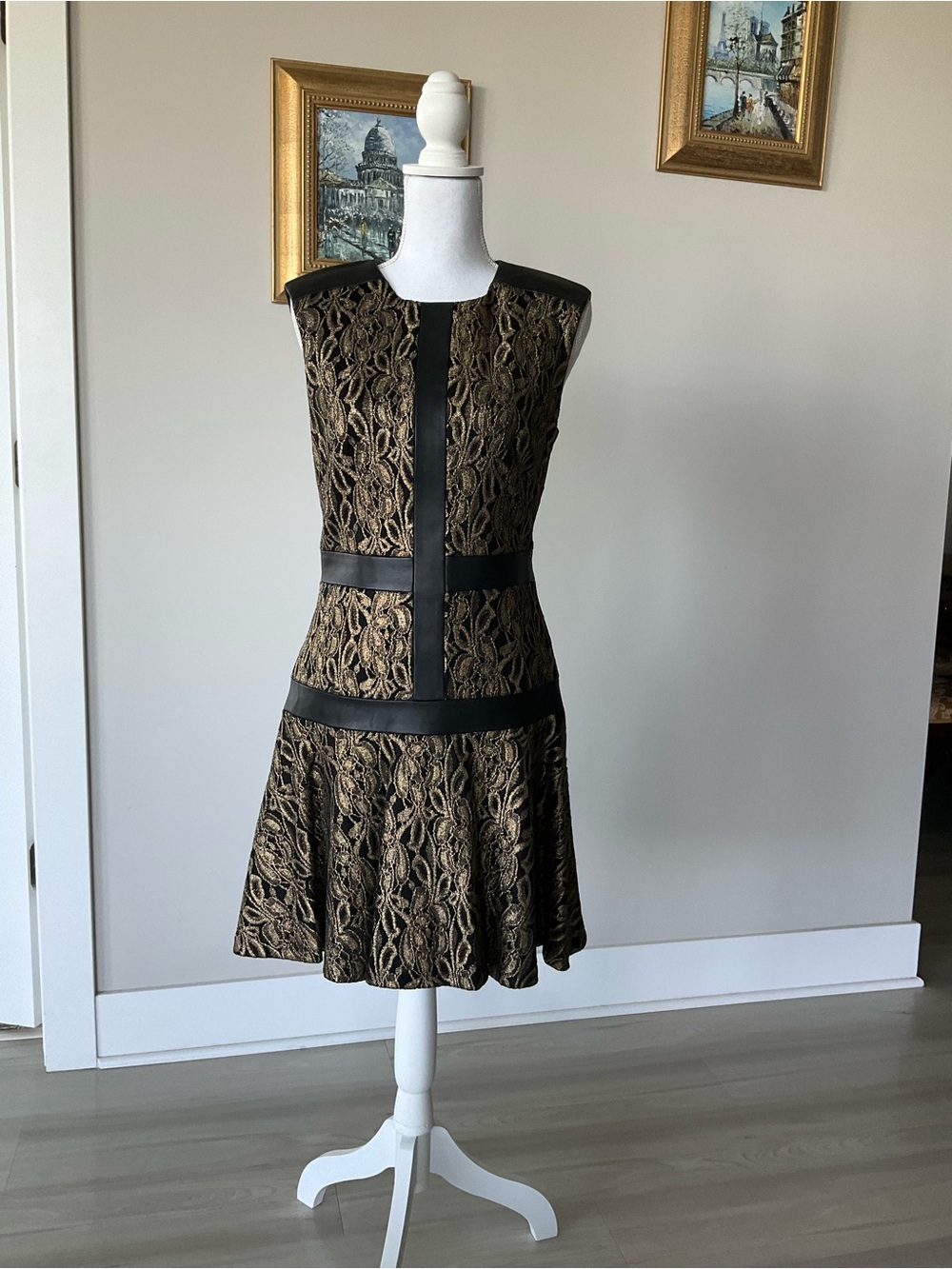 Nicole Miller Black and Gold Lace pattern with leather Fit-and-Flare Dress